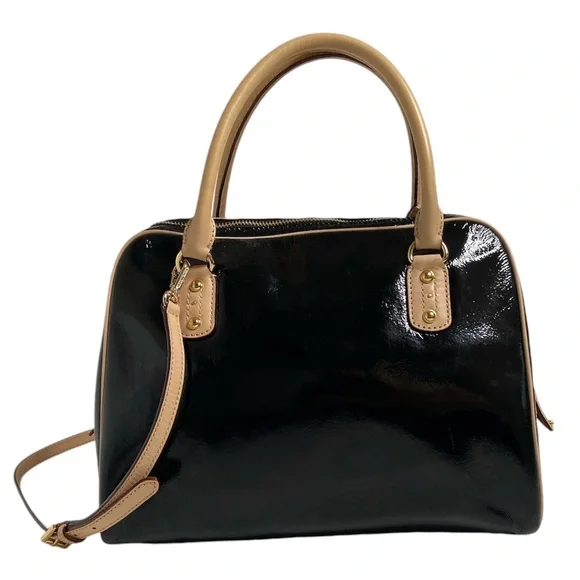 Michael Kors Black Patent Leather Top Handle Bowling Bag With Shoulder Strap